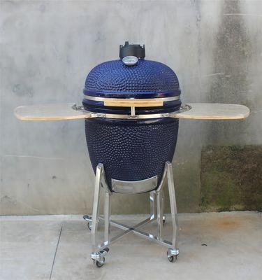 Barbecue Ceramic Kamado Grill Outdoor 22 Inch Navy Color With Cart And Side Tables