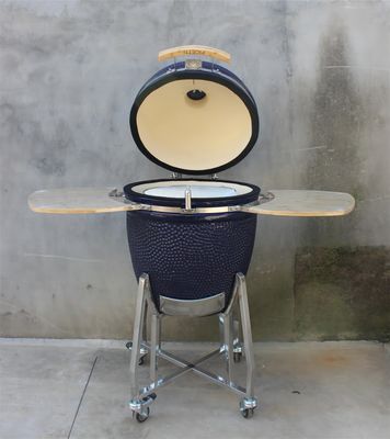 Outdoor Ceramic Barbecue Grill 22 Inch Navy Color With Cart And Side Tables