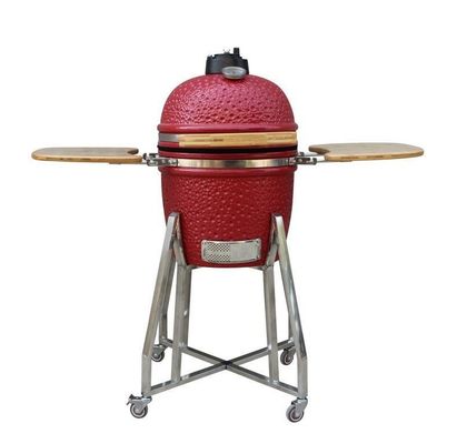 Stainless Steel Ceramic 15 Inch Kamado Grill Red Color 39cm With Cart And Side Tables