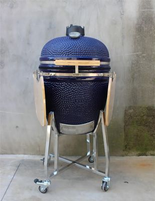 Outdoor Ceramic Charcoal Grill 22 Inch Navy Color With Cart And Side Tables