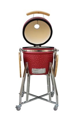 Stainless Steel Ceramic 15 Inch Kamado Grill Red Color 39cm With Cart And Side Tables